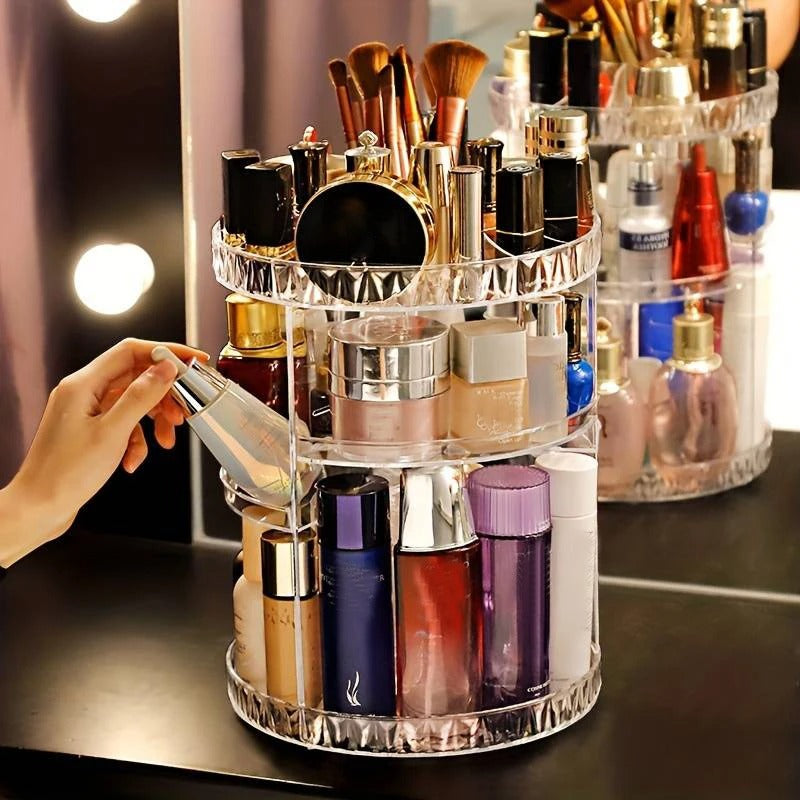360° Rotating Acrylic Makeup Organizer | Transparent Cosmetic Storage Box for Vanity & Dorm