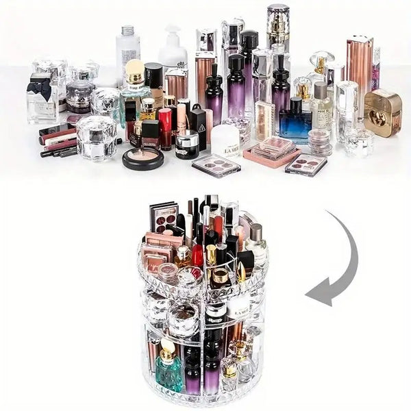 360° Rotating Acrylic Makeup Organizer | Transparent Cosmetic Storage Box for Vanity & Dorm